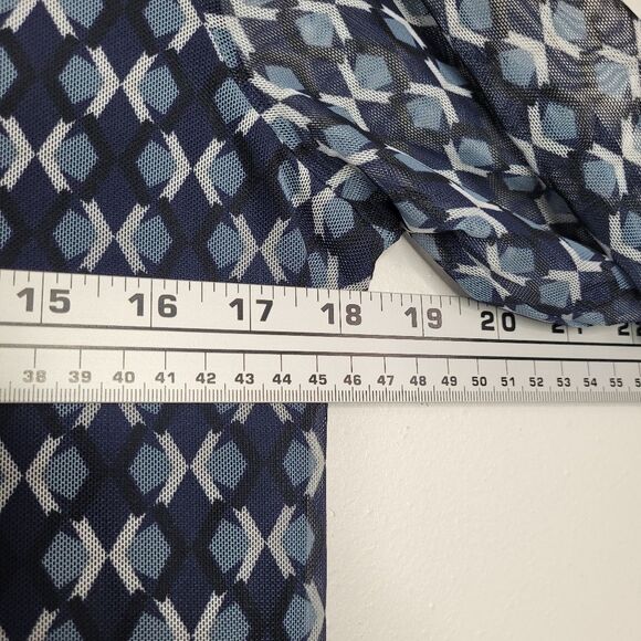 Rafella blue geometric print semi sheer sleeves mock neck career long sleeve M - Picture 6 of 7